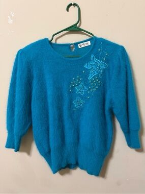 Vintage 1980s shoulder pad baddie Teal Floral Embellished Women's Sweater large